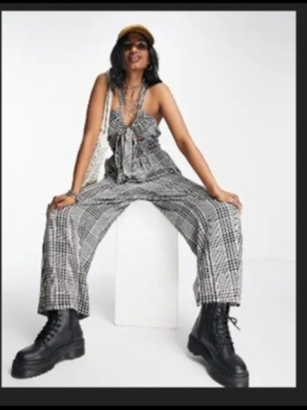 Topshop Black & White Plaid Wide-Leg Jumpsuit
